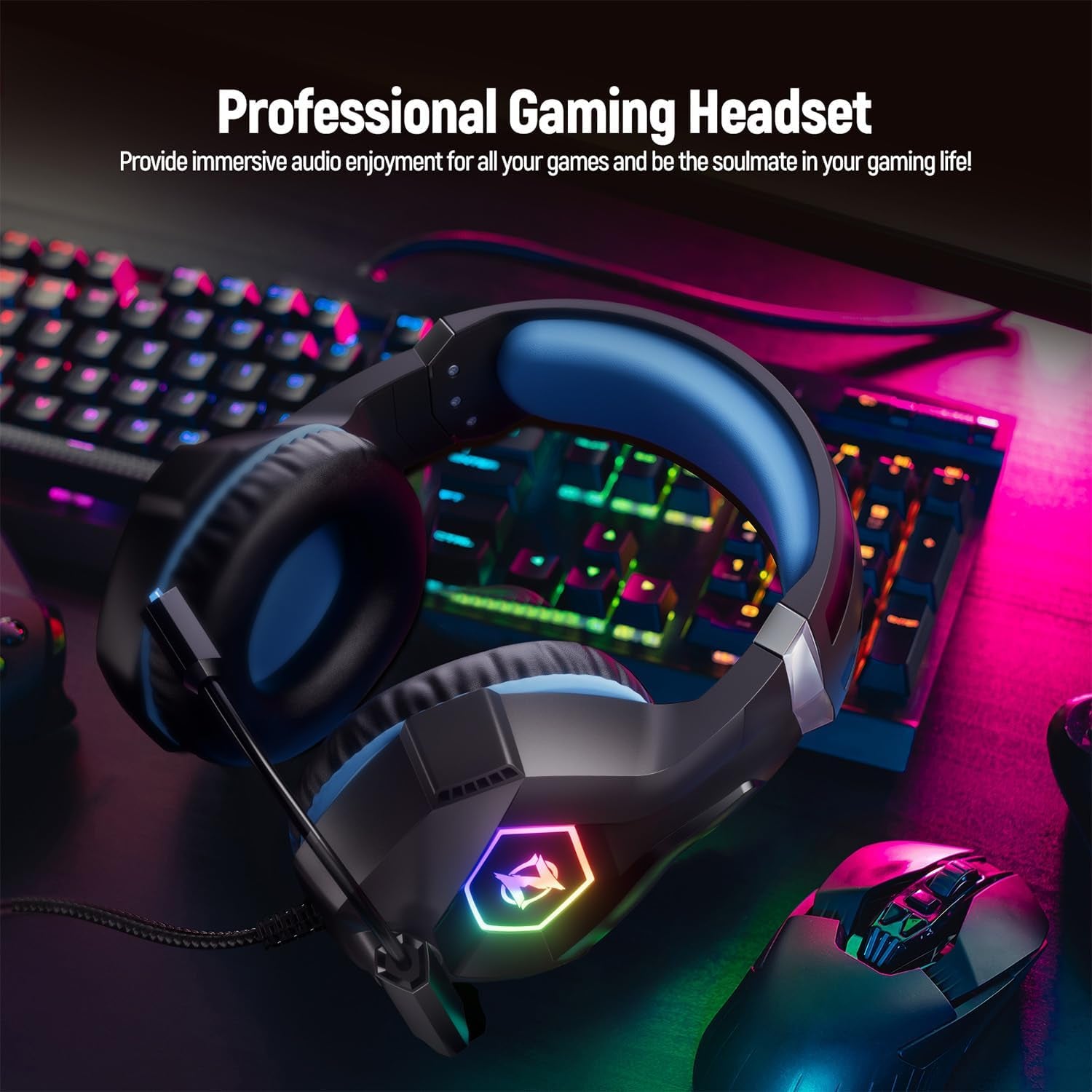 Gaming Headset for Ps5, Ps4, PC with 7.1 Surround Sound, Gaming Headphones with Noise Cancelling Flexible Mic RGB Light Memory Earmuffs for Xbox Series X/S, PC, Mac, Laptop, Phone