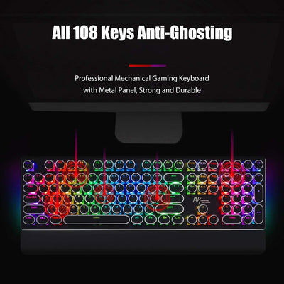 S108 Typewriter Keyboard, Retro Mechanical Gaming Keyboard Wired 108 Keys with RGB Backlit Sidelight, Detachable Wrist Rest, round Keycaps Blue Switches - Black