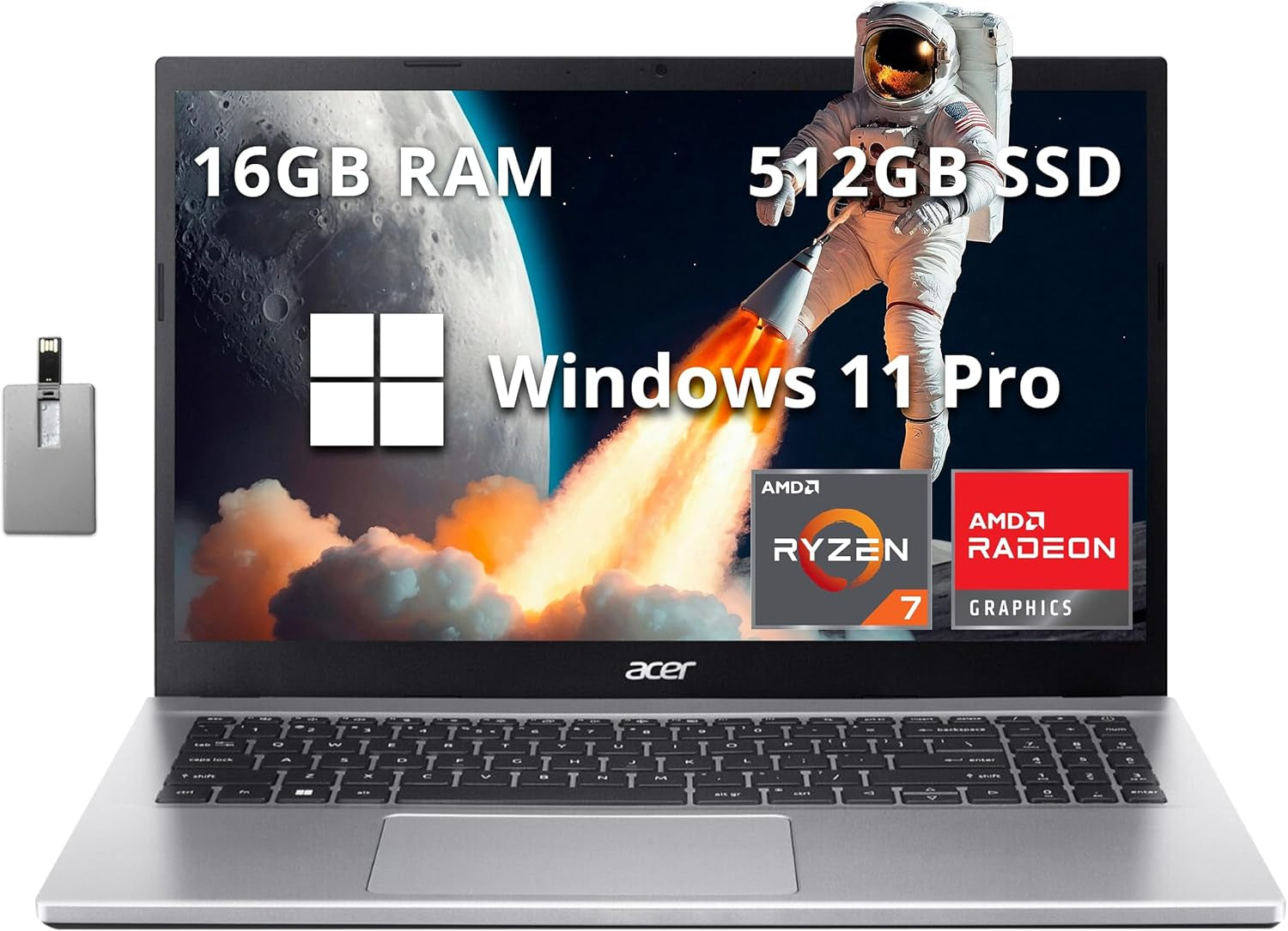 Aspire 3 15.6" FHD Laptop, AMD Ryzen 7 5700U Processor, 16GB RAM, 512GB SSD, AMD Radeon Graphics, Numeric Keypad, 720P HD Webcam, Wi-Fi 6, Windows 11 Pro, Silver, 32GB Hotface USB Card