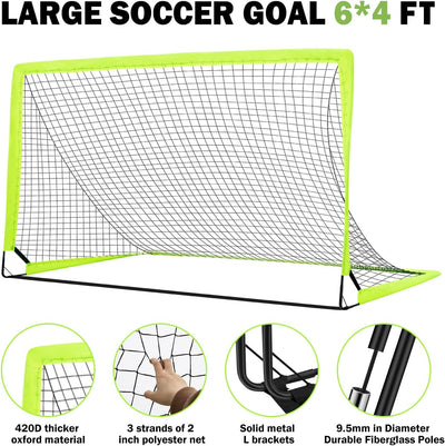 Soccer Goal - Set of 2 Soccer Nets, 6X4 Ft Portable Pop up Soccer Goals for Backyard - Soccer Training Equipment with Soccer Ball, Ladder, and Cones - Toddler Kids Youth Outdoor Game Toys