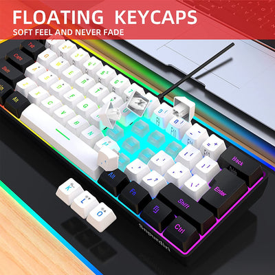 60% Wired Gaming Keyboard, RGB Backlit Mini Keyboard, Waterproof Small Ultra-Compact 61 Keys Keyboard for Pc/Mac Gamer, Typist, Travel, Easy to Carry on Business Trip(Black-White)