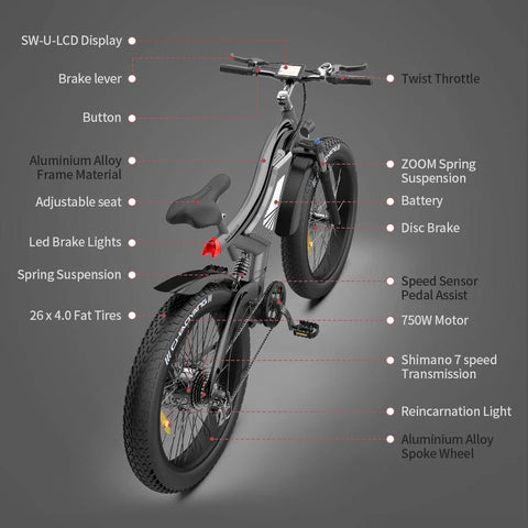 Aostirmotor 750W Electric Bike for Adults 26"×4" Fat Tire Electric Bike 48V 15AH Removable Lithium Battery Adult Electric Bicycles, 28MPH E Bike for Adults, Shimano 7 Speed Electric Mountain Bike