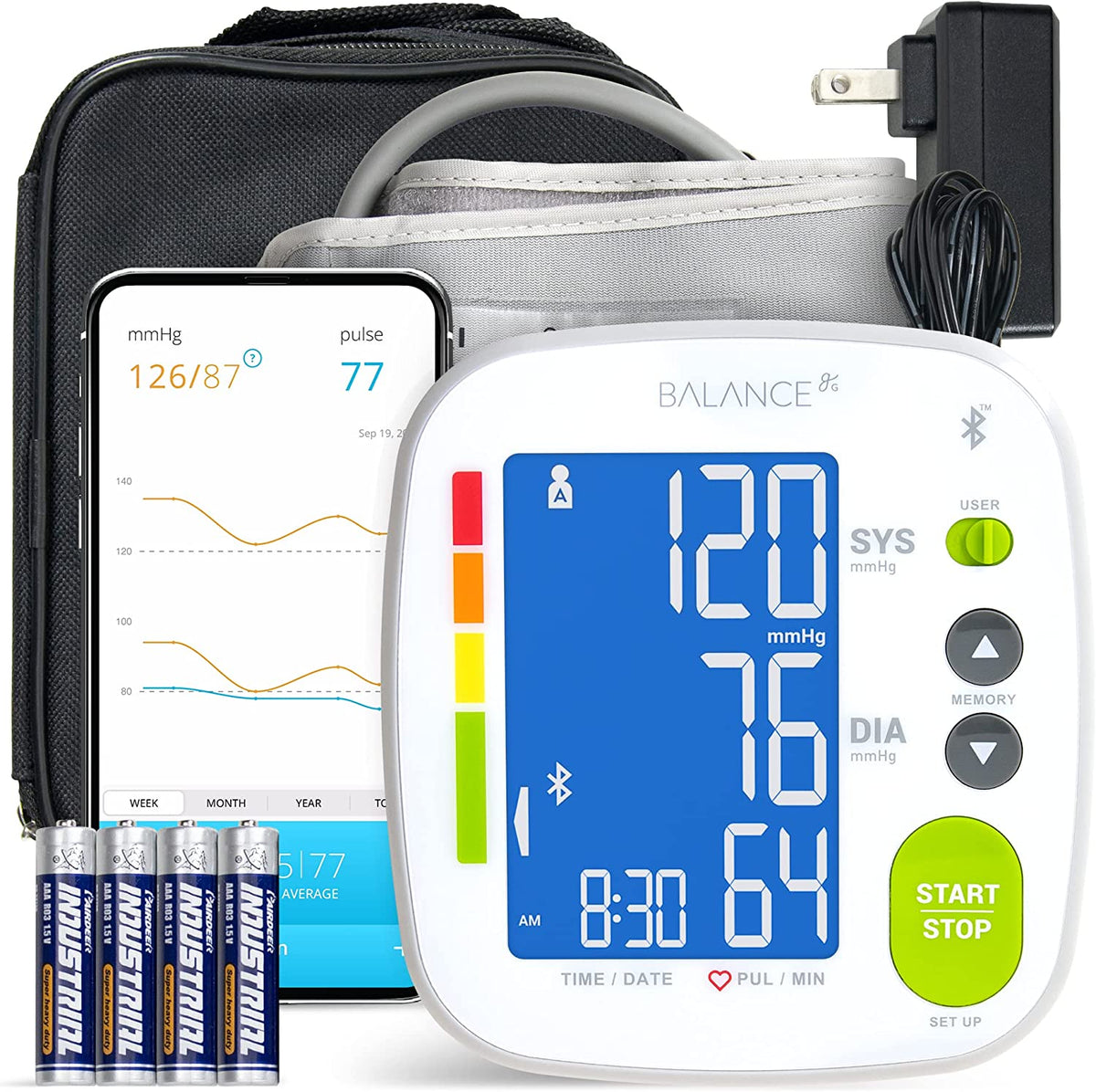 Bluetooth Blood Pressure Monitor Cuff by Balance with Upper Arm Cuff, Digital Smart BP Meter with Large Display, Set Also Comes with Tubing and Device Bag (Bluetooth)