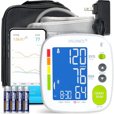 Bluetooth Blood Pressure Monitor Cuff by Balance with Upper Arm Cuff, Digital Smart BP Meter with Large Display, Set Also Comes with Tubing and Device Bag (Bluetooth)