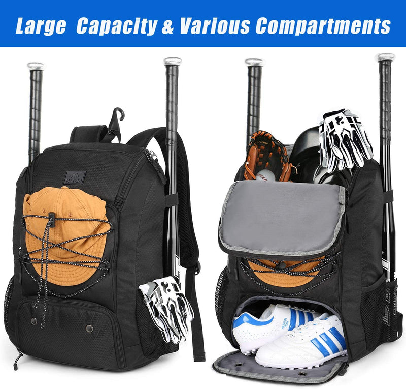 MATEIN Baseball Backpack, Softball Bat Bag with Shoes Compartment for Youth, Boys and Adult, Lightweight Baseball Bag with Fence Hook Hold Tball Bat, Batting Mitten, Helmet, Caps, Teeball Gear