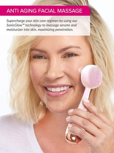 Clean - Smart Facial Cleansing Device with Silicone Brush & Anti-Aging Massager - Waterproof - Sonicglow Vibration Technology - Clear Pores and Blackheads - Lift, Firm, and Tone Skin