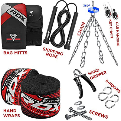 RDX Punching Bag Heavy Boxing Bag, 14pc Filled 4ft 5ft Anti Swing Kickboxing Adult Set, Maya Hide Leather, Punch Gloves Wall Bracket Hanging Chain Floor Hook, Muay Thai MMA Home Fitness Gym Training - Biometric Sports Solutions