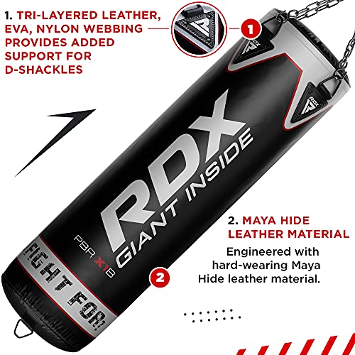 RDX Punching Bag Heavy Boxing Bag, 14pc Filled 4ft 5ft Anti Swing Kickboxing Adult Set, Maya Hide Leather, Punch Gloves Wall Bracket Hanging Chain Floor Hook, Muay Thai MMA Home Fitness Gym Training - Biometric Sports Solutions