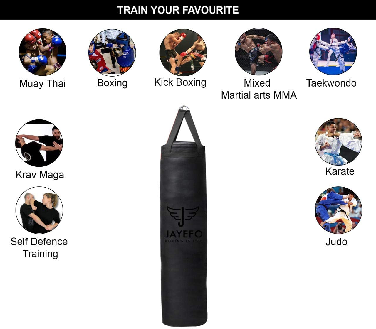 Sports Punching Bag - Hanging Boxing Bag for MMA, Karate, Judo, Muay Thai, Kickboxing, Self Defense Training for Training at Home or Gym - Unfilled Heavy Bag 70 to 100 Lbs - Black