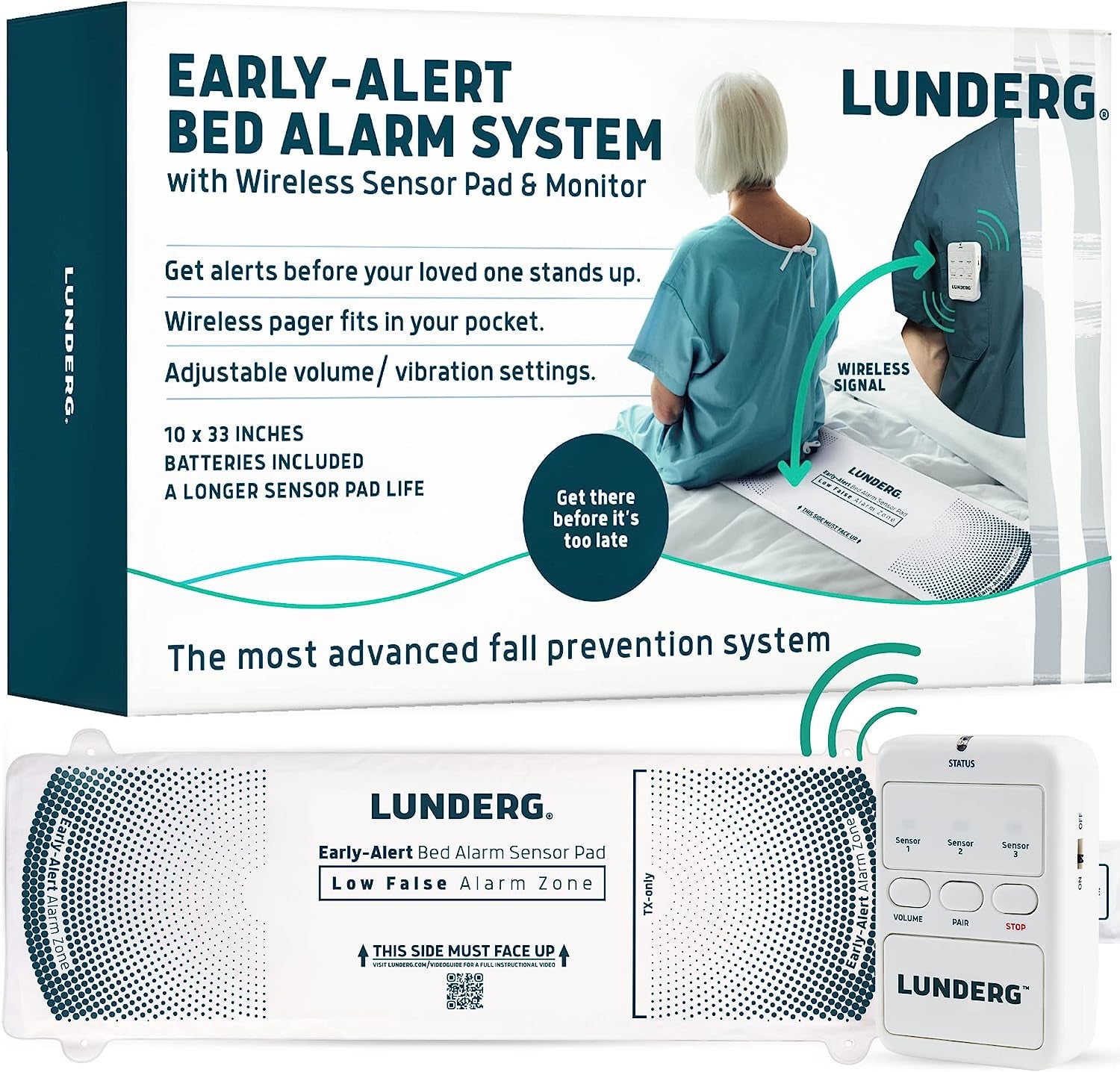 Early Alert Bed Alarm System - Wireless Bed Sensor Pad & Pager - Elderly Monitoring Kit with Pre-Alert Smart Technology - Bed Alarms and Fall Prevention for Elderly and Dementia Patients