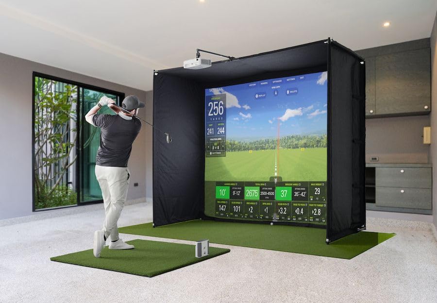 + Golf Simulator Studio Pro Package - + Launch Monitor, Protective Shield, Enclosure, Simulator Software, Hitting Mat, Projector and Ball Tray
