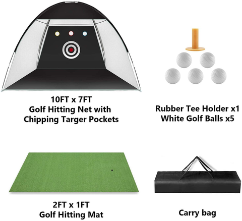 Golf Practice Net, 10X7Ft Golf Hitting Training Aids Nets with Target and Carry Bag for Backyard Driving Chipping - 1 Golf Mat -5 Golf Balls - 1 Golf Tees- Men Kids Indoor Outdoor Sports Game