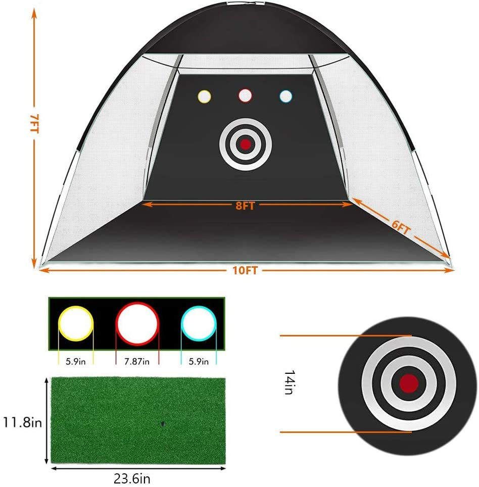 Golf Practice Net, 10X7Ft Golf Hitting Training Aids Nets with Target and Carry Bag for Backyard Driving Chipping - 1 Golf Mat -5 Golf Balls - 1 Golf Tees- Men Kids Indoor Outdoor Sports Game