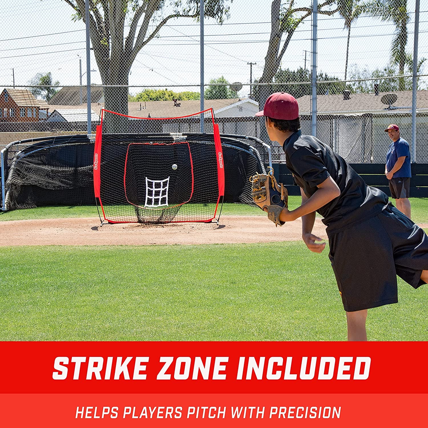 Gosports 7 Ft X 7 Ft Baseball & Softball Practice Hitting & Pitching Net with Bow Type Frame, Carry Bag and Strike Zone, Great for All Skill Levels