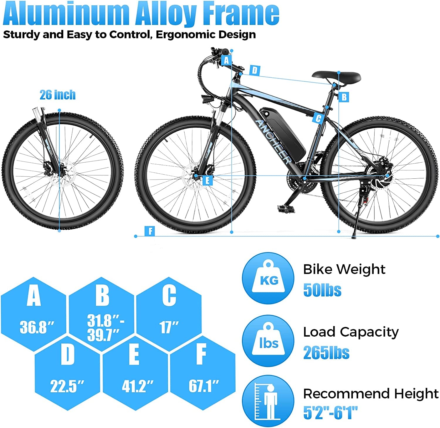 ANCHEER Electric Bike Electric Mountain Bike 500W 26'' Commuter Ebike, 20MPH Adults Electric Bicycle with Removable 48V/374.4Wh Battery, Lcd-Display and Professional 21 Speed Gears