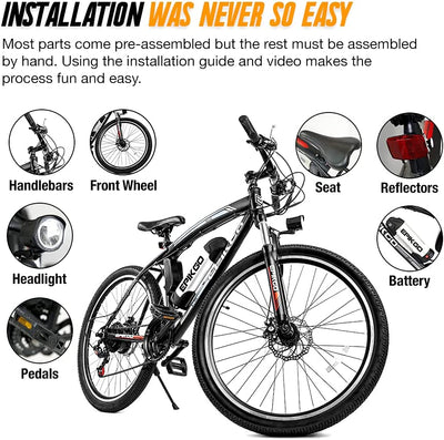 Electric Bike 250W Motor Powered Mountain Bicycle 26" Tire, 20MPH Adult Ebike with P.A.S and 21 Speed-Gear Shifter 36V/8AH Removable Lithium Battery, Black, Standard (EG000045)