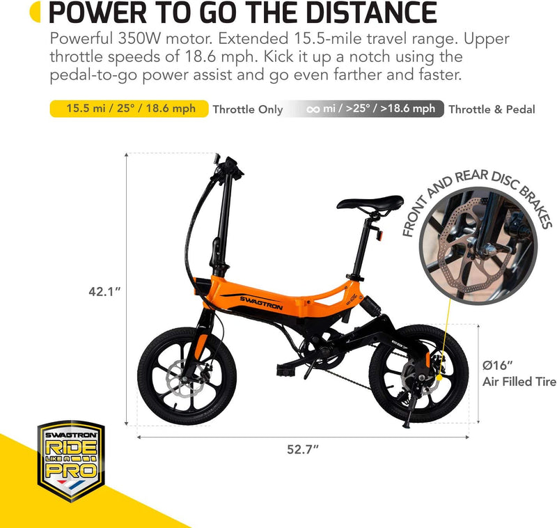 Swagcycle EB-7 Elite plus Folding Electric Bike with Removable Battery, Orange/Black, 16" Wheels, 7-Speed